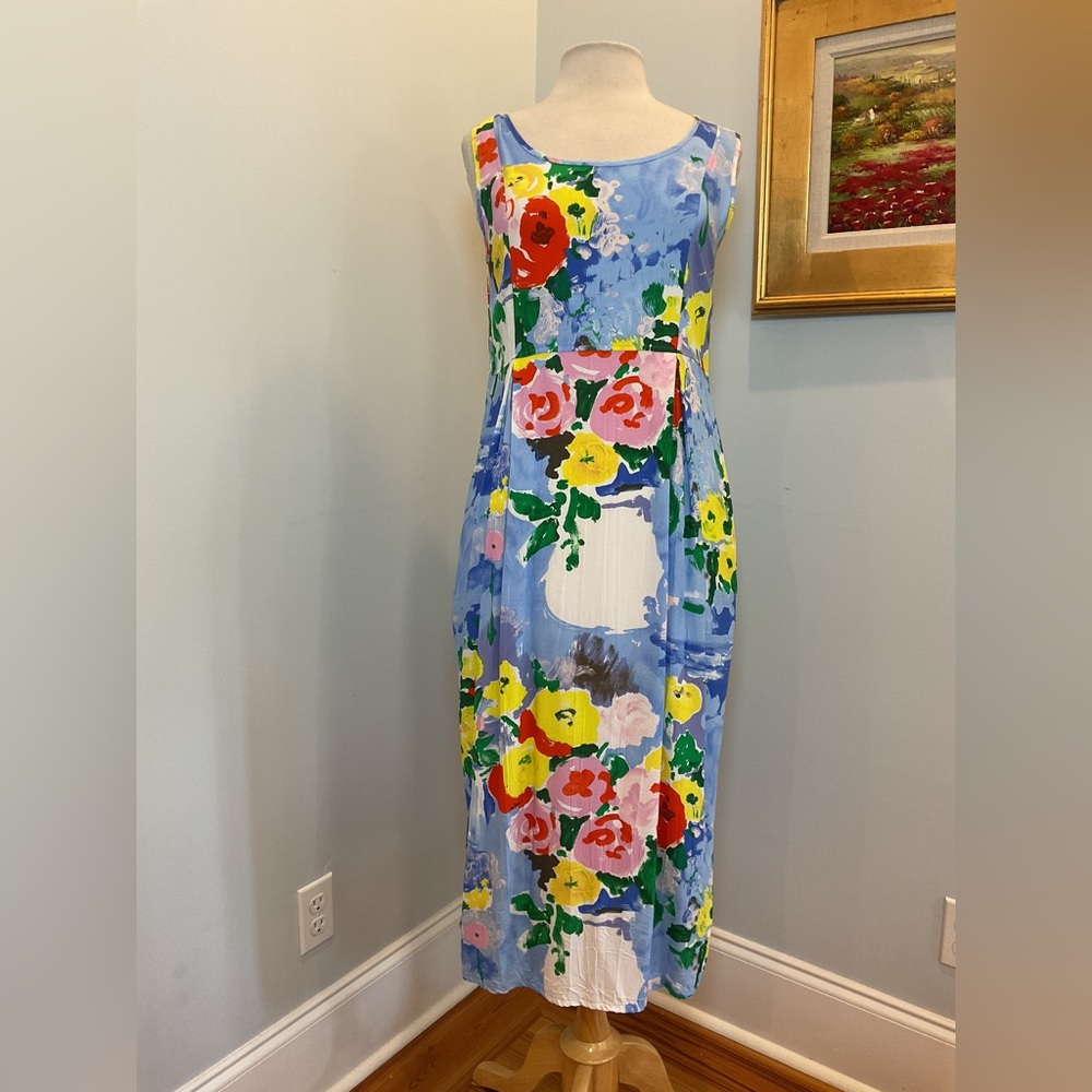 Jams World Floral Midi Dress Painterly Garden Print Sleeveless Vintage Style